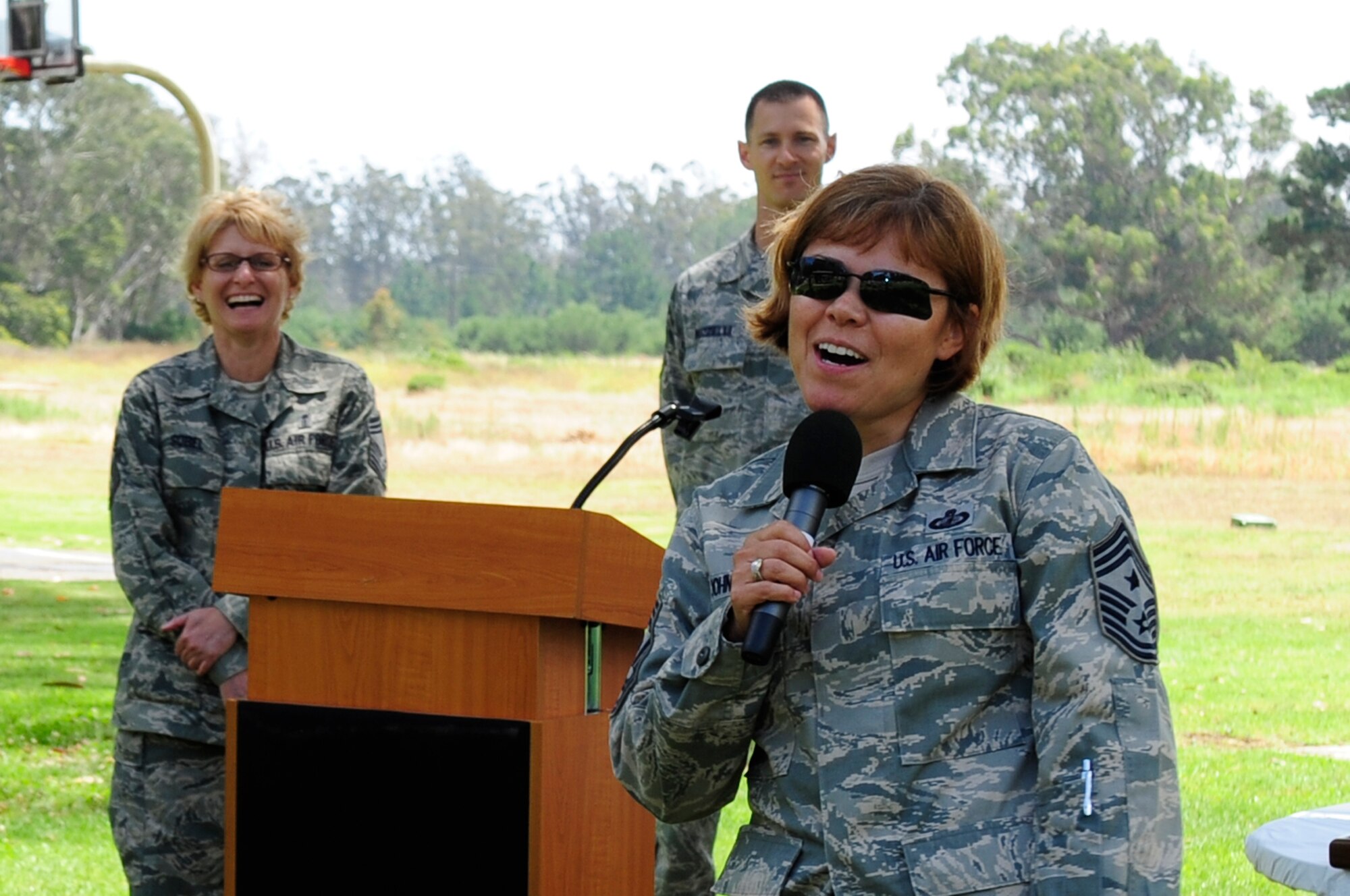 VANDENBERG AIR FORCE BASE, Calif. – Saying goodbye to Team Vandenberg,  Chief Master Sgt. Angelica Johnson, the former 30th Space Wing command chief, spoke to the members of the base during her going away picnic at Cocheo Park here, Thursday, July 28, 2011. Chief Johnson has been the command chief for the 30th SW since 2009 and has worked with the past two base commanders in that time. (U.S. Air Force photo/Senior Airman Lael Huss)

