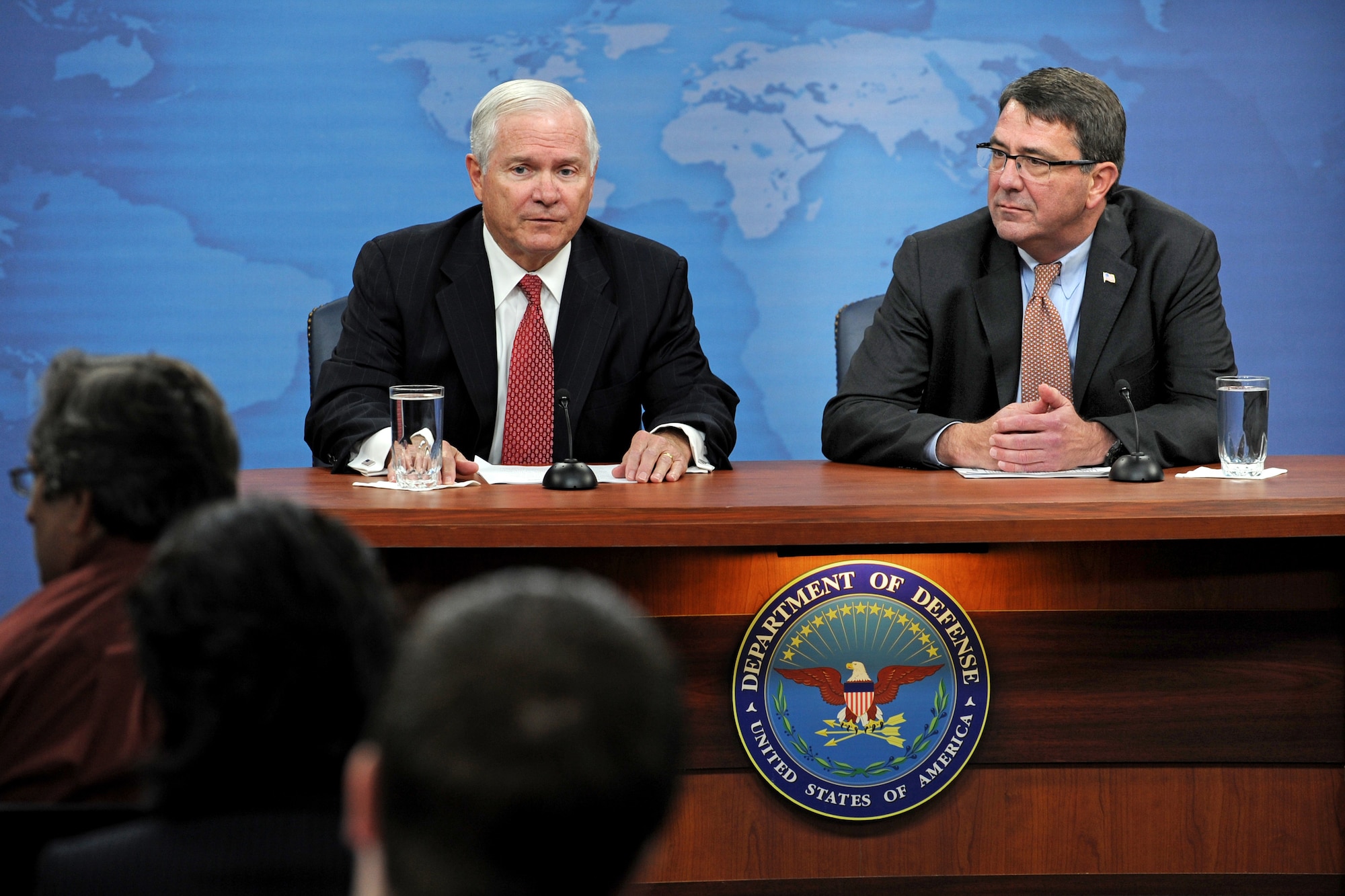 Ashton Carter (right), shown here with former Defense Secretary Robert M. Gates during a press briefing last September, was nominated by President Barack Obama Aug. 2, 2011, to be the next deputy secretary of defense.  The nomination is now subject to Senate confirmation.  (Defense Department photo/ R. D. Ward)