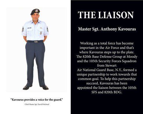 U.S. Air Force Master Sgt. Anthony Kavouras, is the liaison between the 105th Security Forces Squadron, Stewart Air National Guard Base, N.Y., and the 820th Base Defense Group.  He fills a unique role that supports the total force effort between the New York guardsmen and Moody active duty Airmen. (U.S. Air Force illustration by Airman 1st Class Joshua Green/Released)
