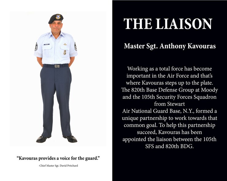 U.S. Air Force Master Sgt. Anthony Kavouras, is the liaison between the 105th Security Forces Squadron, Stewart Air National Guard Base, N.Y., and the 820th Base Defense Group.  He fills a unique role that supports the total force effort between the New York guardsmen and Moody active duty Airmen. (U.S. Air Force illustration by Airman 1st Class Joshua Green/Released)
