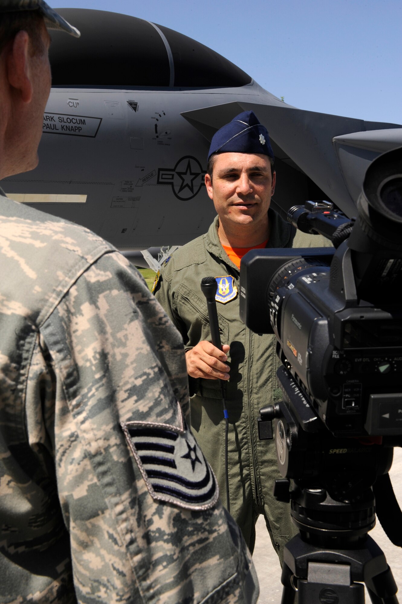 MOUNTAIN HOME AIR FORCE BASE, Idaho – Lt. Col. Paul Knapp, a weapons system officer (WSO), is interviewed by local media here July 29. Knapp, who was a WSO for tail number 173, was one of many Airmen honored during the ceremony. (U.S. Air Force photo by Senior Airman Angelina Drake)