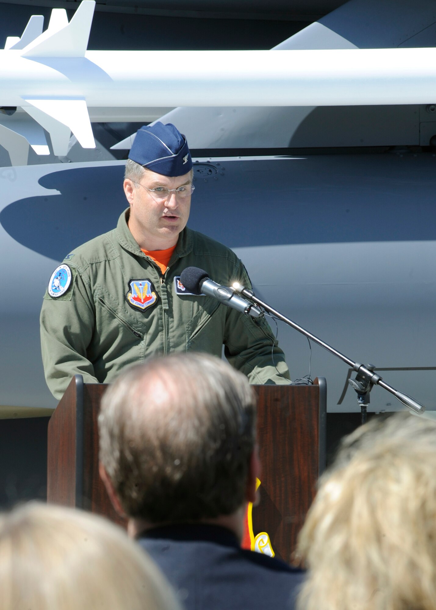 MOUNTAIN HOME AIR FORCE BASE, Idaho – Col. Ron Buckley, 366th Fighter Wing commander, speaks during a static display dedication ceremony here July 29. The ceremony was held to formally announce the dedication of tail number 173 in honor of the pilots and the crews that worked on it and with it during important missions. (U.S. Air Force photo by Senior Airman Angelina Drake)