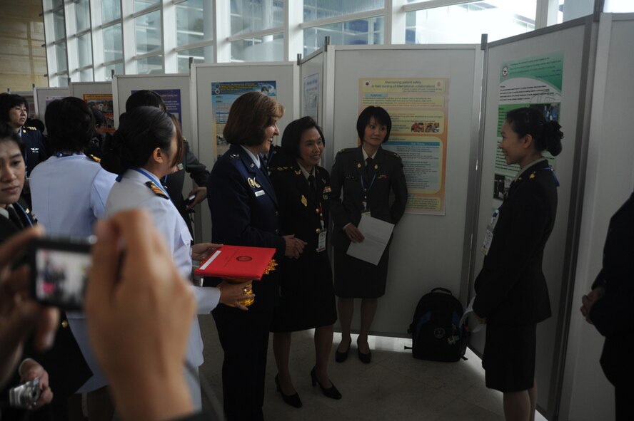 BANGKOK, Thailand - U.S. Air Force Maj. Gen. Kimberly Siniscalchi, the Assistant Surgeon General, Nursing Services, greets Maj. Aree Sanee of the Royal Thai Army Nursing College after her presentation before and after effects of smoking cessation in the Thailand community while at the Pullman King Power Hotel in Bangkok Thailand on Aug. 1 during the start of a five-day 2011 Asia Pacific Military Nursing Symposium, which is sponsored by Pacific Command and executed under the direction of 13th Air Force.
This is the fifth year of the symposium, which started at Hickam Air force Base in 2007, and the first time that Thailand has hosted the event.
More than 12 countries from the Asia-Pacific region have come together to build on relationships by exchanging information and techniques with one another. 
(U.S.  Air Force photo/Master Sgt. Cohen A. Young)
