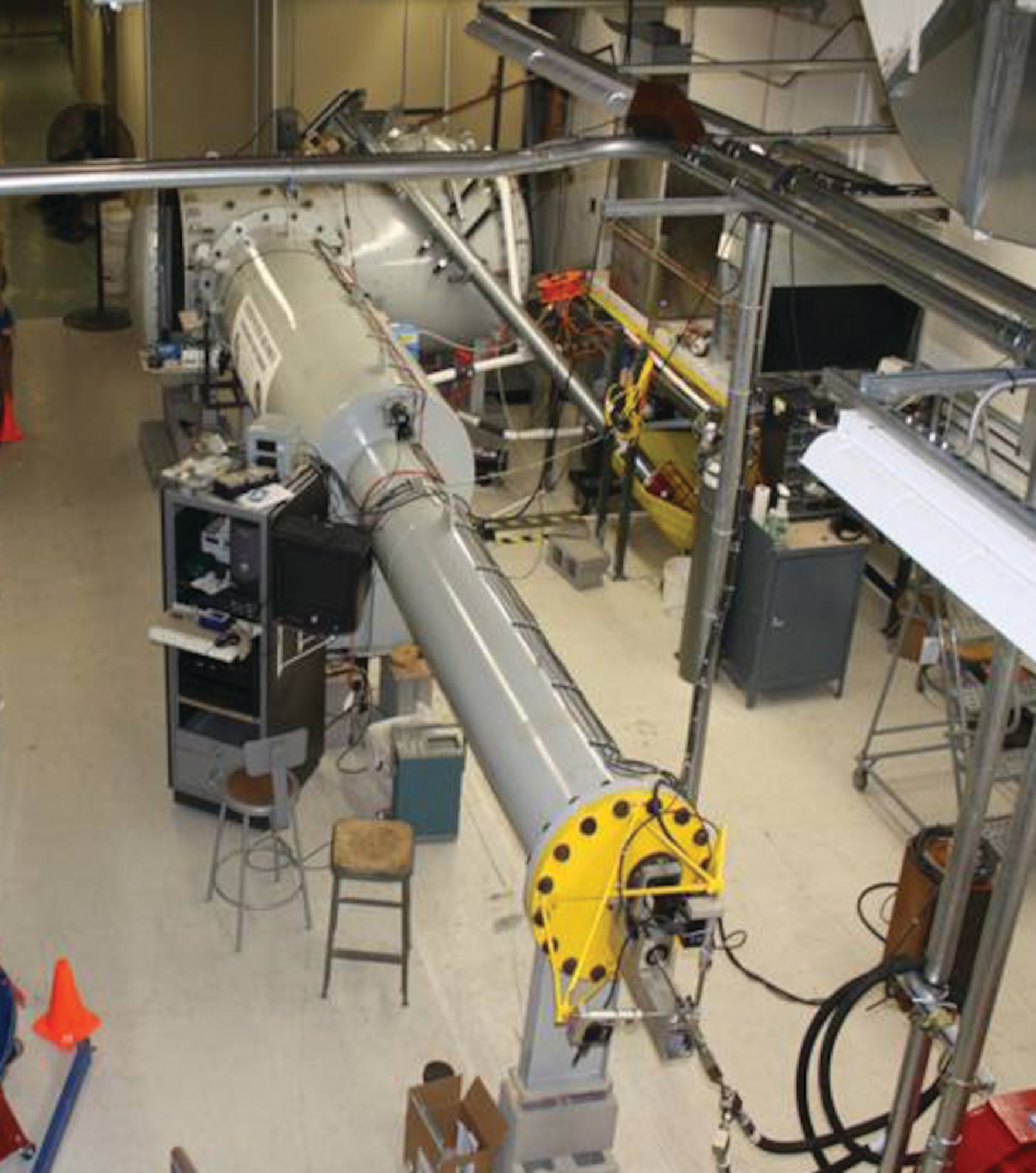 The supersonic rain erosion testing apparatus at AFRL’s Coatings and Technology Integration Office simulates the impact of rain on aerospace systems traveling at transonic and supersonic speeds.   (AFRL Image)