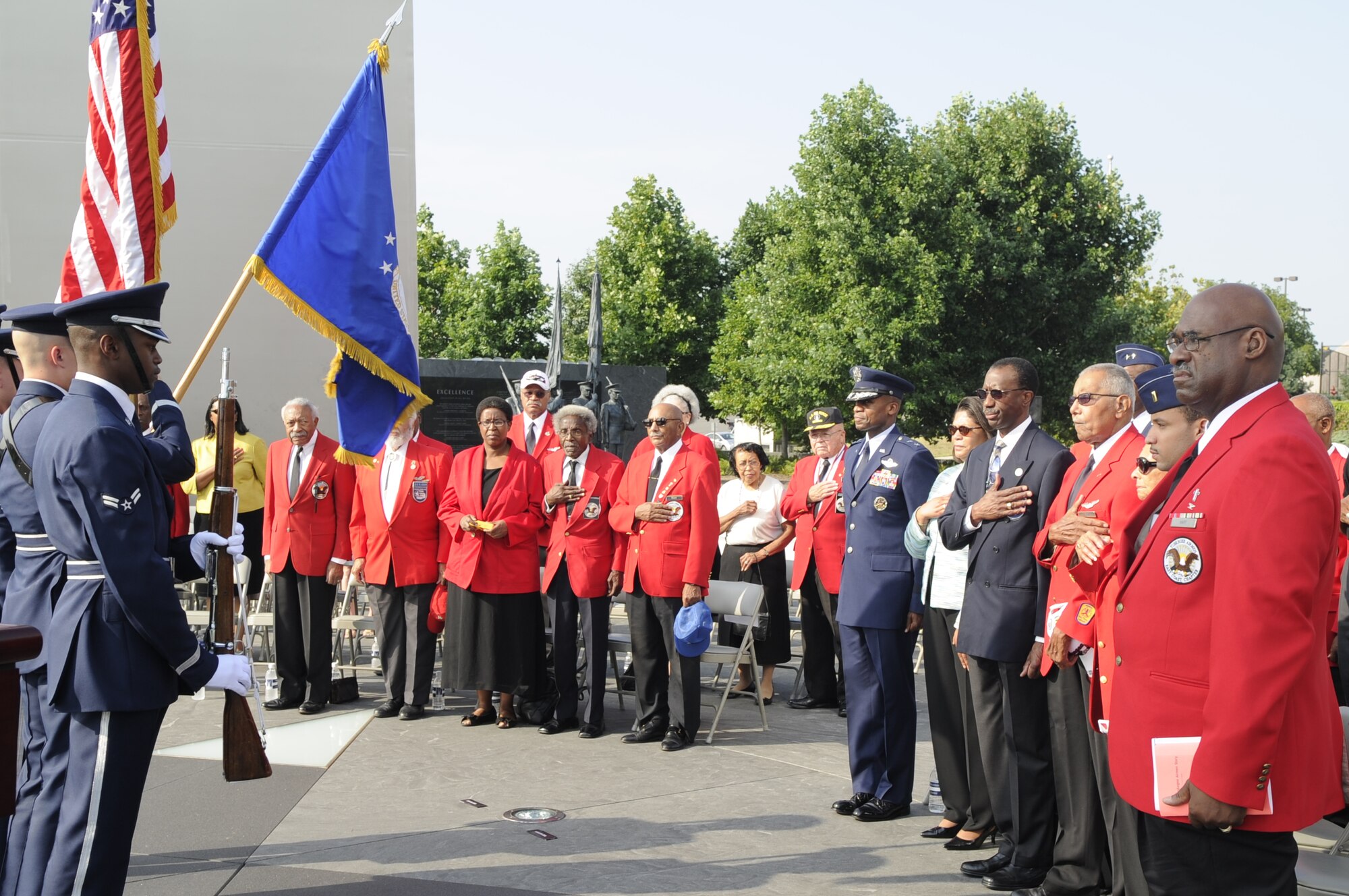 Maj. Gen. Darren W. McDew, Air Force District of Washington commander,  attends the Tuskegee Airmen wreath laying ceremony July 31 at the Air Force Memorial in Washington, D.C. The ceremony commemorated the history and service of the Tuskegee Airmen during World War II combat operations. About 400 of the original Tuskegee Airmen remain. (U.S. Air Force photo by Staff Sgt. Raymond Mills) 