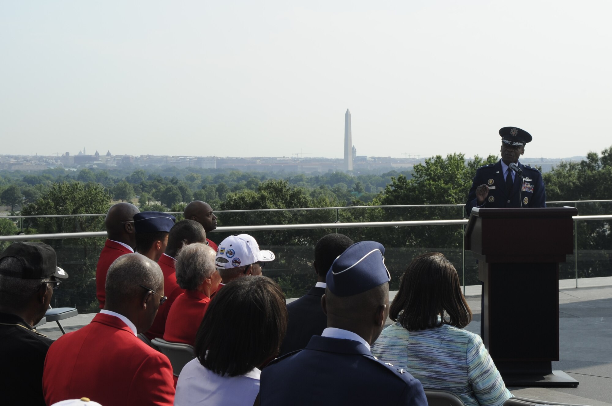 Maj. Gen. Darren W. McDew, Air Force District of Washington commander,  attends the Tuskegee Airmen wreath laying ceremony July 31 at the Air Force Memorial in Washington, D.C. The ceremony commemorated the history and service of the Tuskegee Airmen during World War II combat operations. About 400 of the original Tuskegee Airmen remain. (U.S. Air Force photo by Staff Sgt. Raymond Mills) 