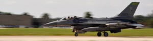 An F-16 Fighting Falcon, piloted by 158th Fighter Wing F-16 Pilot Maj. Nathan Graber, takes off from Langley Air Force Base, Va. Aug. 1, 2011.  Airmen from the 158th Fighter Wing, an Air National Guard Unit from Vermont, remain on standby at Langley to provide the technical skills and support needed to immediately launch F-16s in support of homeland security.  (U.S. Air Force photo by Staff Sgt. Logan Tuttle/Released)