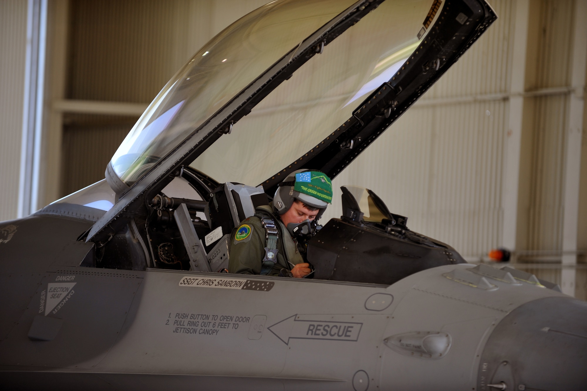 Maj. Nathan Graber, 158th Fighter Wing, prepares his F-16 Fighting Falcon to fly as part of an ‘alert’ exercise at Langley Air Force Base, Va. Aug. 1, 2011.  The 158th FW, an Air National Guard unit from Vermont, remains on alert 24 hours a day in case they need to immediately launch aircraft in support of homeland security.  (U.S. Air Force photo by Staff Sgt. Logan Tuttle/Released)