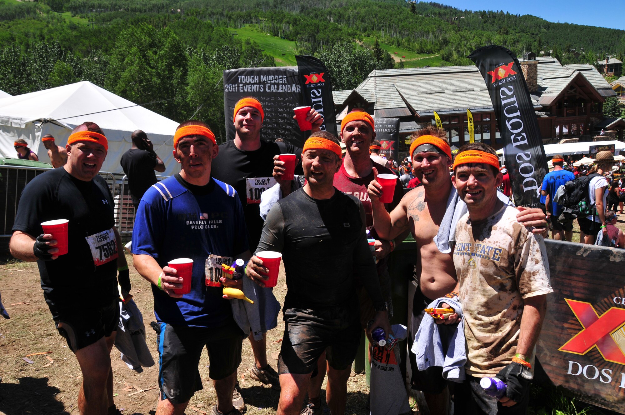 310th Space Wing Mission Support Group members Staff Sgt. Aaron Hunt, Tech. Sgt. Alejandro Sanchez, Staff Sgt. Christian Schweiger, Senior Master Sgt. Peter Price, Staff Sgt. Conrad Jones, Senior Airman Josh Slaton, and Master Sgt. Eric Vesey sport their finisher's headbands and refueling rations following about three hours completing the Tough Mudder in Avon, Colo. on June 26. The group is already planning to bring a larger group for the 2012 Colorado Tough Mudder. (U.S. Air Force photo/Tech. Sgt. Nick Ontiveros)