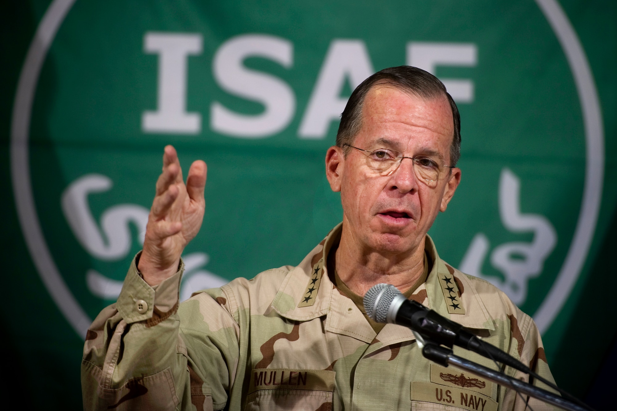 Navy Adm. Mike Mullen, chairman of the Joint Chiefs of Staff, addresses the media during a press conference in Kabul, Afghanistan, July 31, 2011. The chairman was in Afghanistan to get the ground truth from commanders and service members. He visited service members at Kandahar, Sangin, Lashkar-Gah and Tarin Khowt.  (Defense Department photo/Petty Officer 1st Class Chad J. McNeeley)