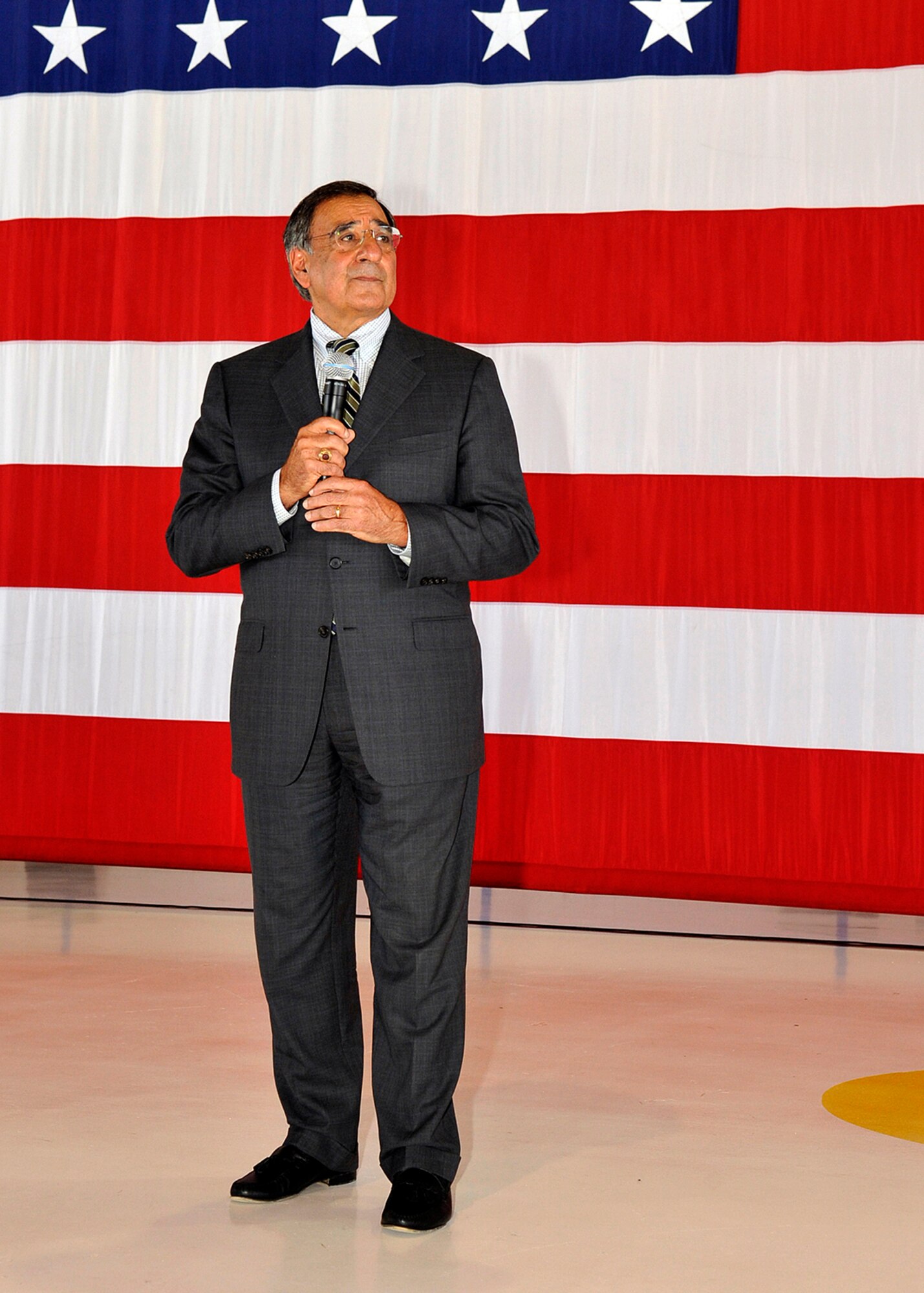 PETERSON AIR FORCE BASE, Colo. –Secretary of Defense, Leon Panetta, made a visit to Peterson Air Force Base, Colo., July 29, 2011, taking time to talk to a group of service members about the challenges the Department of Defense is currently facing. Panetta is the 23rd secretary of defense and assumed office July 1, 2011. (U.S. Air Force photo/Rob Bussard)
