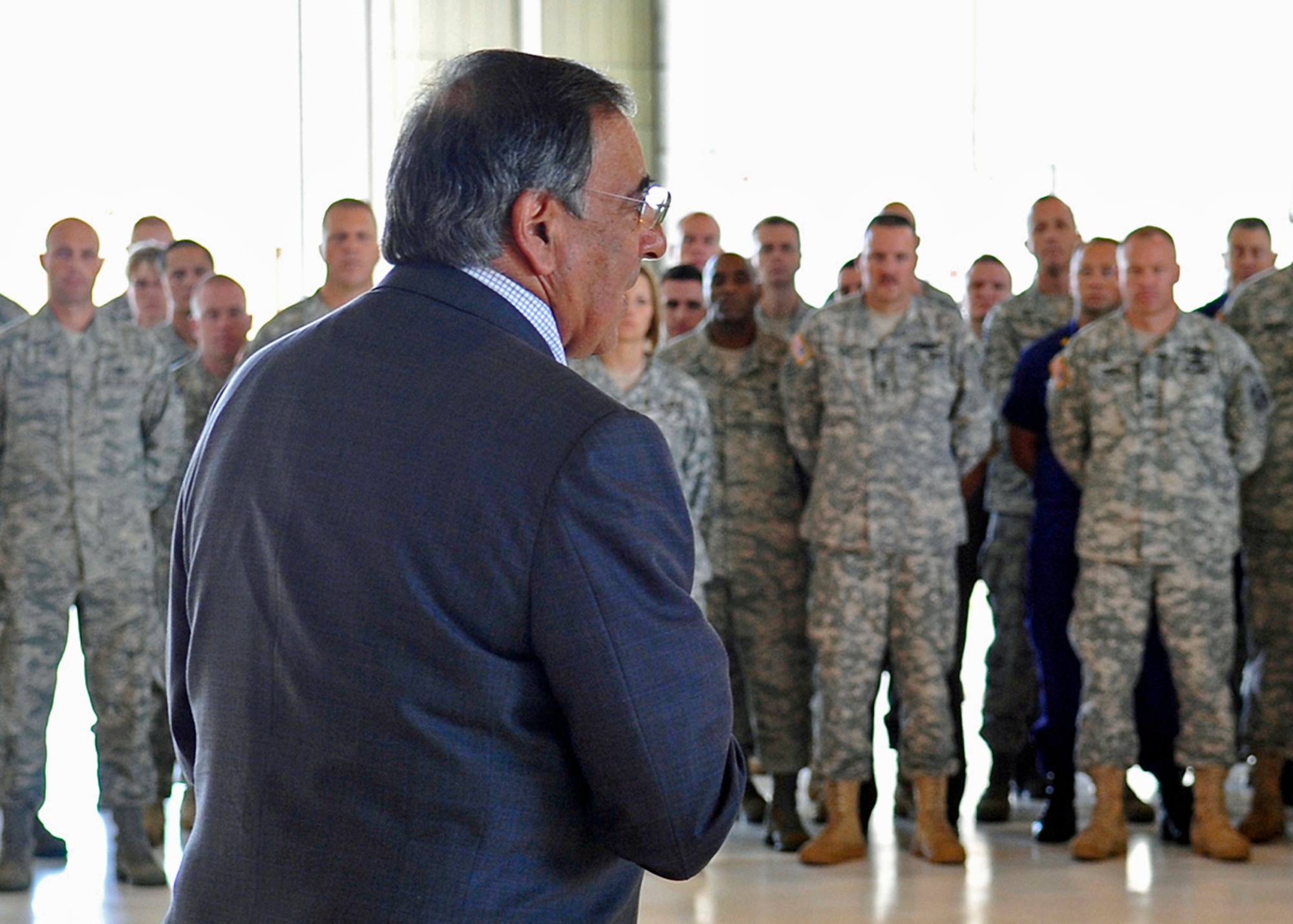 PETERSON AIR FORCE BASE, Colo. – Secretary of Defense Leon Panetta made a visit to Peterson Air Force Base, Colo., July 29, 2011, taking time to talk to a group of service members about the challenges the Department of Defense is currently facing. Among the challenges he talked about were the war on terrorism, cyber security and support for troops and their families. (U.S. Air Force photo/ Rob Bussard)