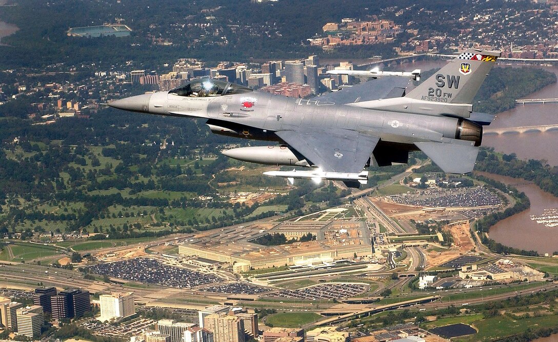 An F–16 Fighting Falcon flies over the Pentagon as part of Operation Noble Eagle. 