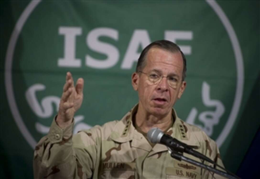 Chairman of the Joint Chiefs of Staff Adm. Mike Mullen addresses the media during a press availability in Kabul, Afghanistan, on July 31, 2011.  Mullen is on a five-day USO tour with comedian Jon Stewart, NBA legend Karl Malone and magician David Blane visiting troops in Afghanistan and Iraq.  