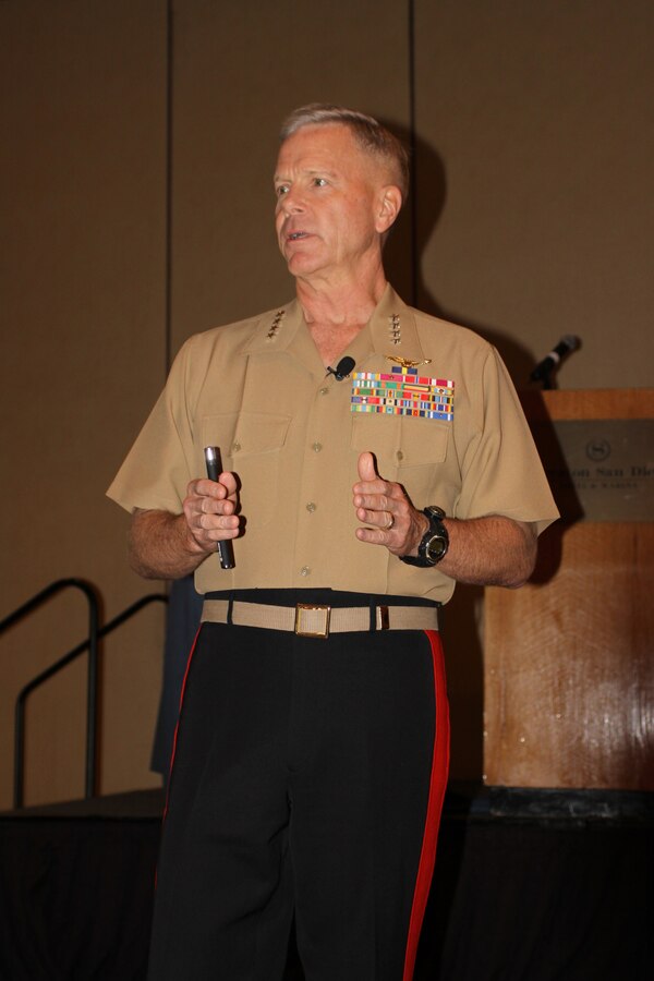 General James F. Amos, commandant of the Marine Corps, speaks at the 39th Annual National Naval Officers Association Professional Development and Training Conference held at the San Diego Sheraton Hotel and Marina August 2.This year's theme was "Enhancing mission readiness for the sea services through leadership, mentorship, and diversity." Amos presented a slide show giving an overview of the Marine Corps' background, objective, and approach to diversity. "The Marine Corps is going to change from where we are (by) having a more diverse Marine Corps," said Amos.