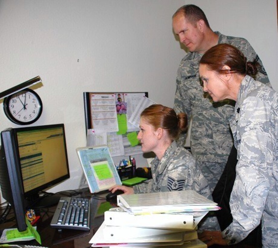 82nd Training Wing Inspector General staff members collaborate as Wing Inspection Manager, Tech. Sgt. Anna Mejia accesses a commander’s dashboard report in the Management Internal Control Toolset (MICT) program July 30.  Sheppard Air Force Base is one of two Air Education and Training Command test bases for the new web-based self-inspection program.  Inspector General Lt.Col. Teri Russell and Wing Inspection Superintendent Senior Master Sgt. Phillip Thompson, pictured right, welcome the improvement from stacks of inspection binders to the computer screen. 
(USAF Photo/Debi Smith)
