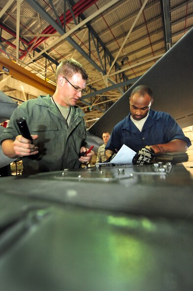 MINOT AIR FORCE BASE, N.D. -- Staff Sgt. Jordan Ellis, 5th Aircraft Maintenance Squadron aircraft armament systems technician and Tech Sgt. Iickyra Jones, 5th AMXS aircraft armament systems team chief, look over the armor systems checklist during a routine inspection of a B-52H Stratofortress, here Aug. 3. Aircraft armament systems technicians plan, organize and direct maintenance activities by performing armament systems maintenance functions tests before connecting electrically actuated explosives and propellants to effectively achieve mission success. (U.S. Air Force Photo/Senior Airman Jesse Lopez) 