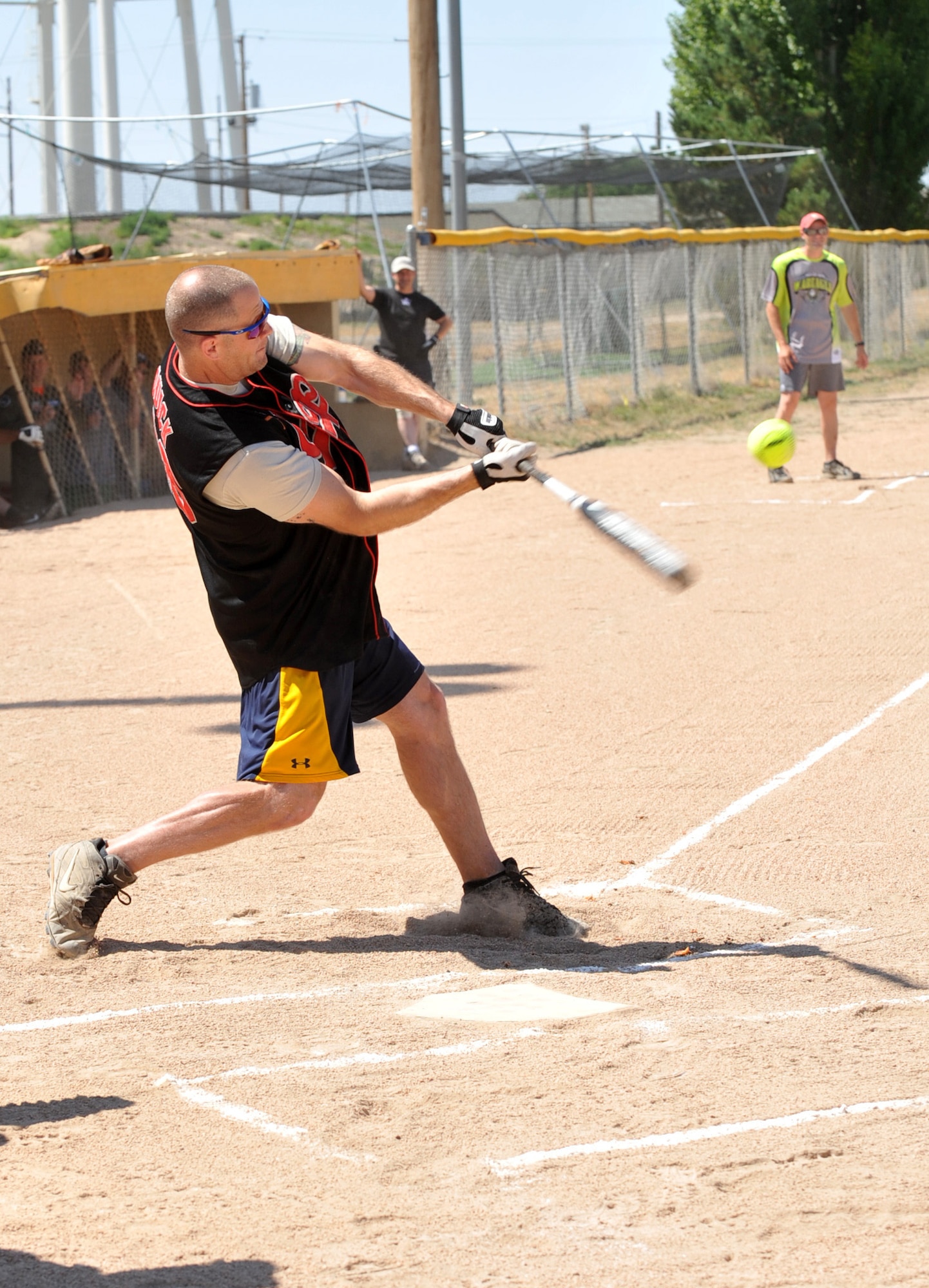 MOUNTAIN HOME AIR FORCE BASE, Idaho  – Capt. Keith Quick, 366th Security Forces Squadron commander, hits a softball during the Operation Warmheart softball tournament here, July 29. This year’s tournament featured 24 teams from the base and surrounding areas.  (U.S. Air Force photo by Airman 1st Class Heather Hayward)