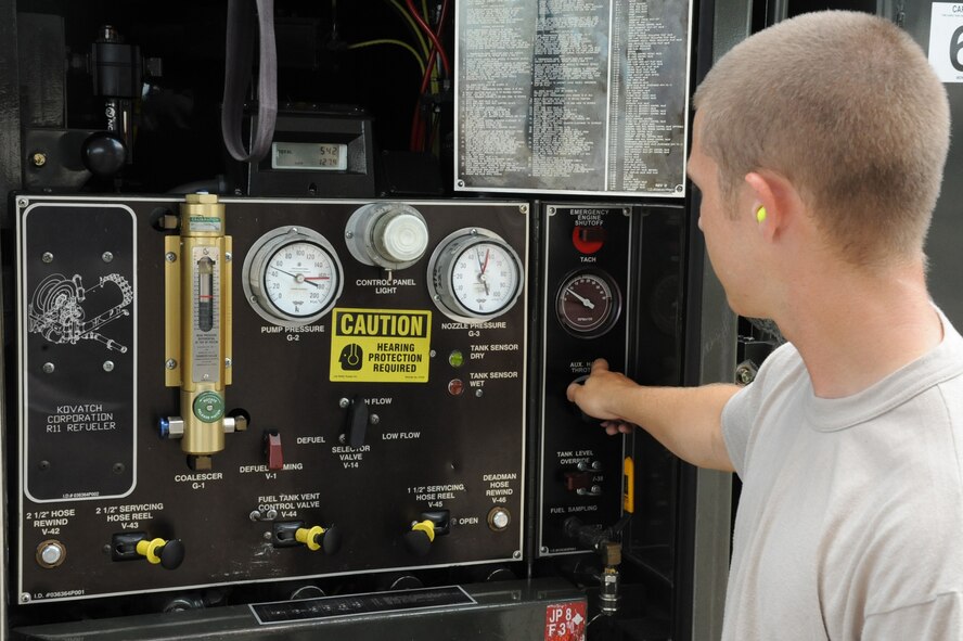 SEYMOUR JOHNSON AIR FORCE BASE, N.C.- Airman 1st Class Christian Crider monitors the controls on a defueling operation panel here Aug. 1, 2011. The 4th Logistics Readiness Squadron (LRS) fuel operations flight supports the base's F-15E Strike Eagle and KC-135R Stratotanker fleet. Crider is a 4th LRS fuels operator and hails from Montgomery, Ala. (U.S. Air Force photo by Senior Airman Whitney Lambert/ Released)