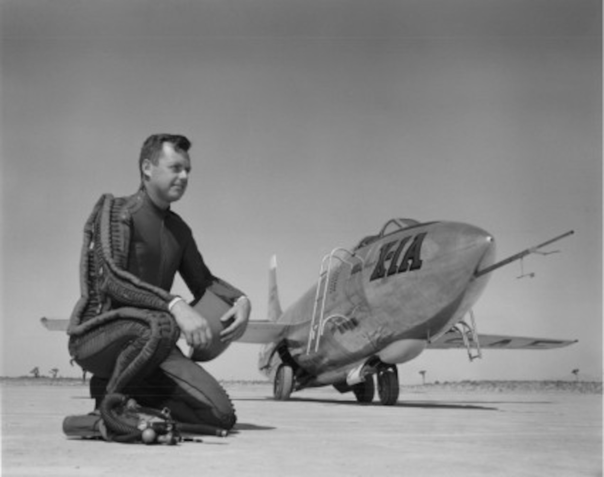 Maj. Arthur K. “Kit” Murray kneels in front of a Bell X-1A aircraft in the early 1950s. Murray died in West, Texas July 26 at age 92.