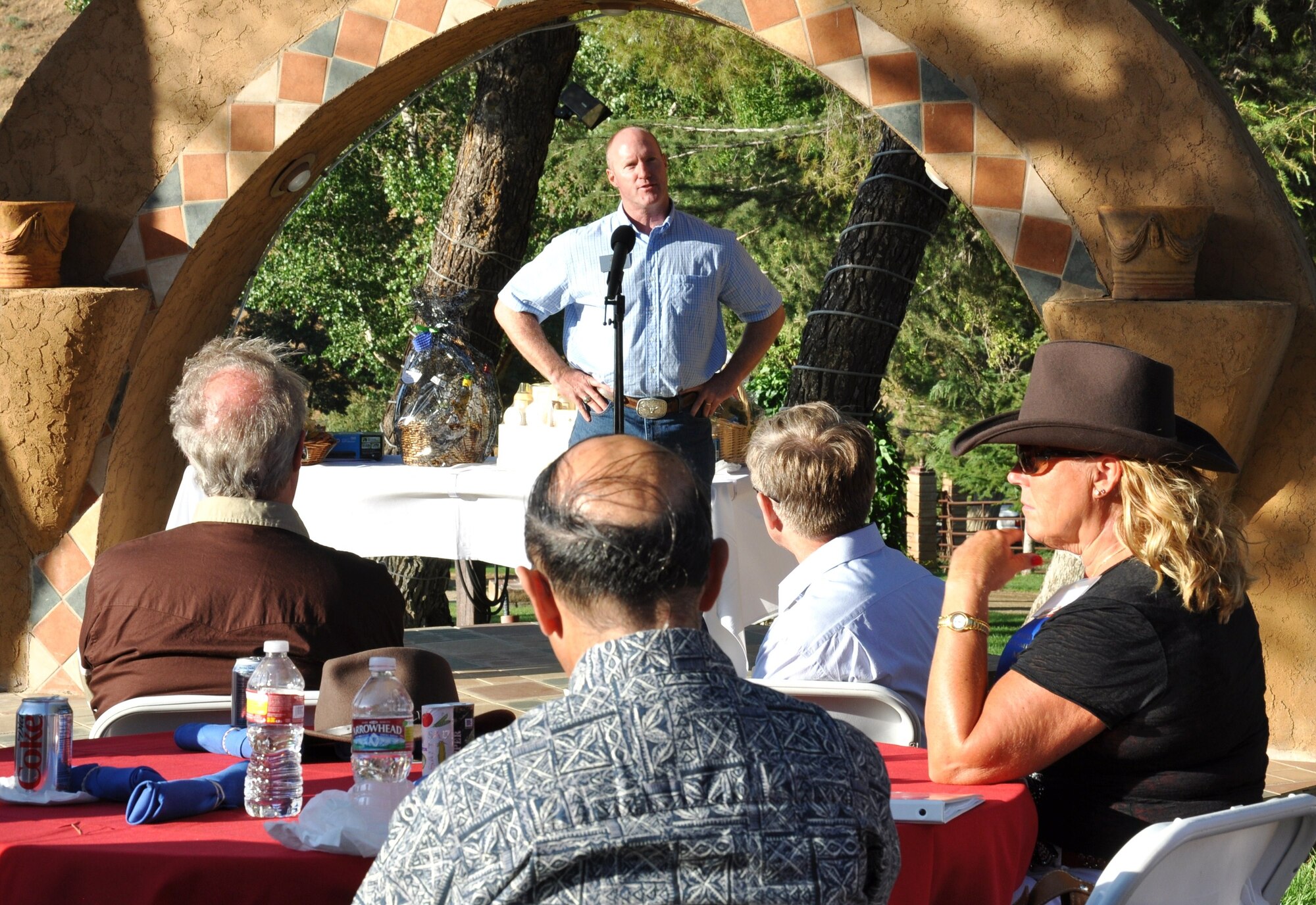 Brig. Gen. Robert C. Nolan II, Air Force Flight Test Center commander, welcomes guests to the 20th annual Civ-Mil barbeque July 28 in Palmdale, Calif. Nolan thanked the community and the Edwards Civilian-Military Support Group for its support of Edwards Airmen. (Air Force photo by Mike Strickler)