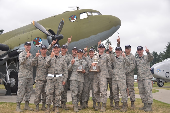 The 437th Maintenance Rodeo team celebrates, July 29, 2011, at Joint Base Lewis-McChord, Wash., after winning Best C-17 Maintenance Skills team and Best Overall C-17 Maintenance team. (U.S. Air Force photo/2nd Lt. Susan Carlson) 
