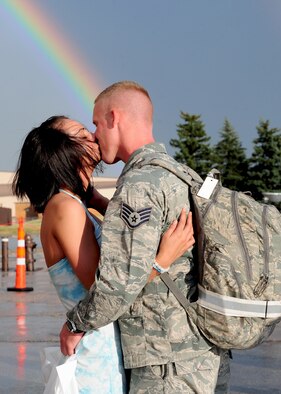 Staff Sgt. Christopher Byrnes shares a long-awaited kiss with his girlfriend, Racheal Maki, at Ellsworth Air Force Base, S.D., upon his return from deployment July 27, 2011. The homecoming celebration saw several hundred friends and family members present to welcome home their loved ones. (U.S. Air Force photo/Airman Alystria Mauer/Released)