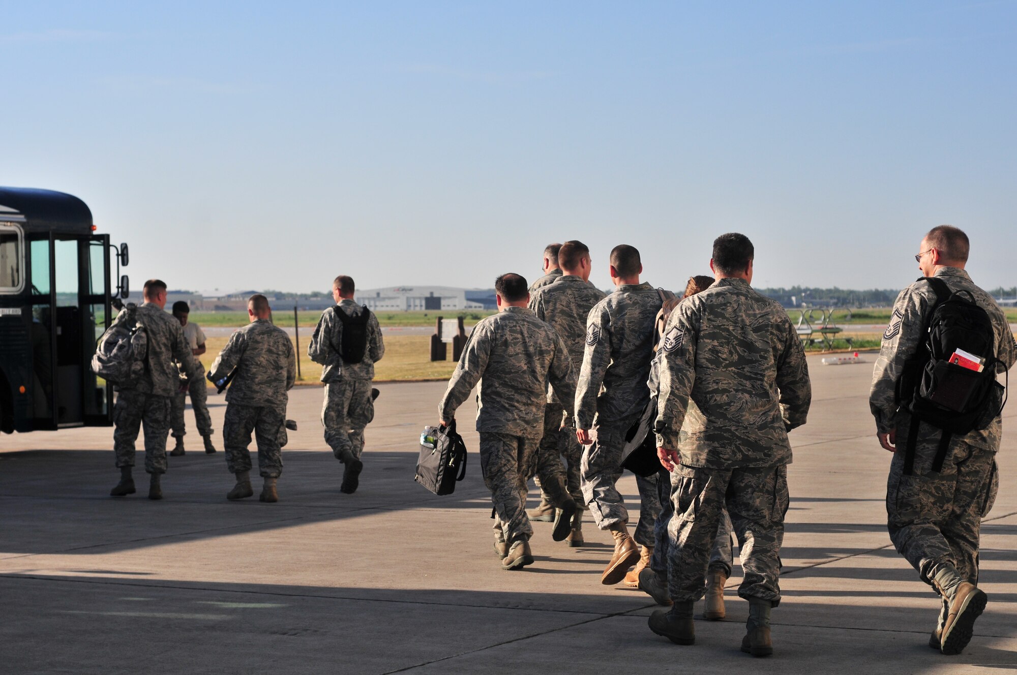 914th Airlift Wing Airmen leave the Niagara Falls Air Reserve Station and head to a stateside training combat outpost for pre-ORI exercises July 22, 2011.Niagara leadership and integral Airmen attend these pre-ORI exercises in order to learn and share what their Wing will face during the upcoming inspection. (U.S. Air Force Photo by Staff Sgt. Joe McKee)