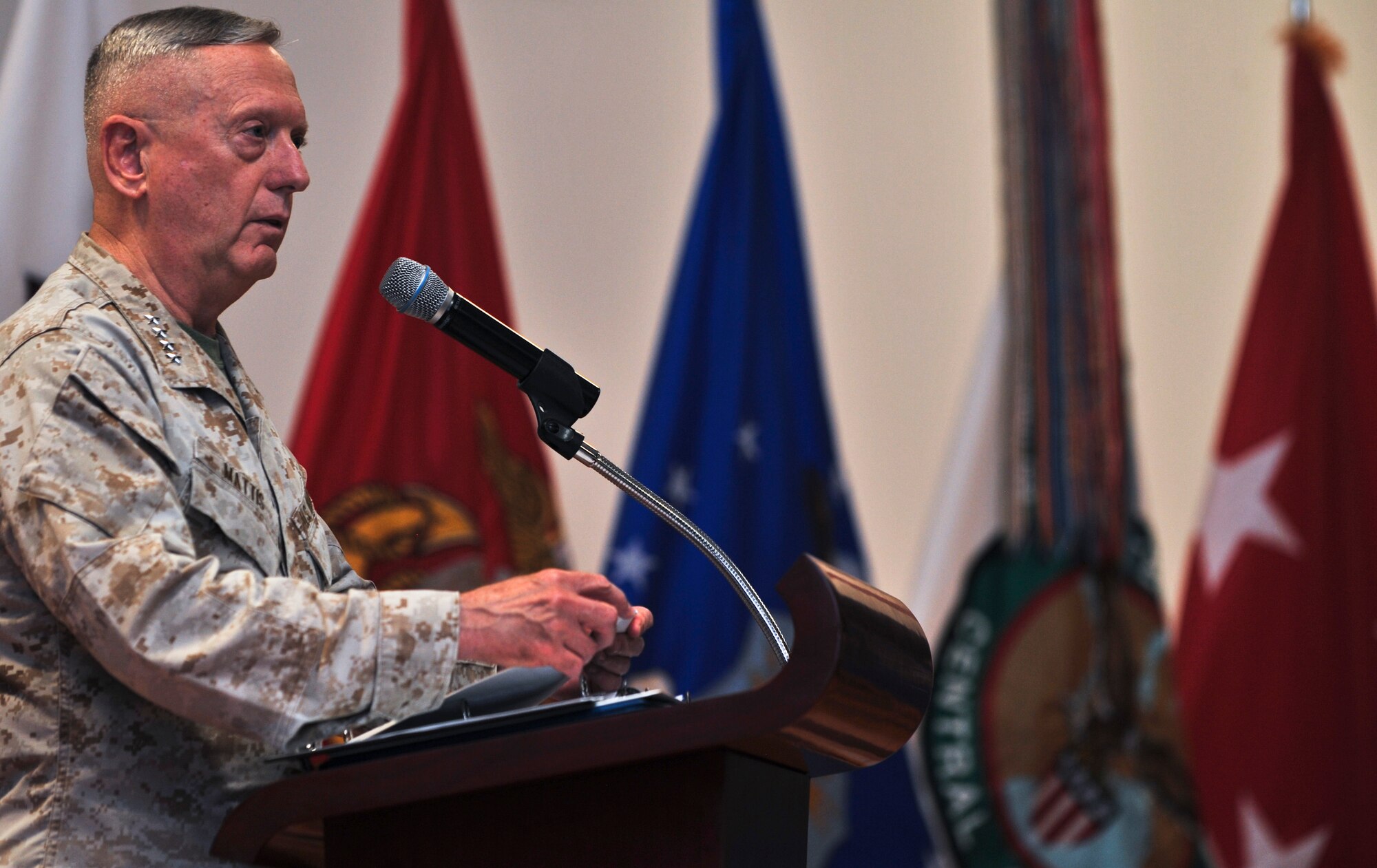 Marine Gen. James N. Mattis, commander of U.S. Central Command, speaks during the U.S. Air Forces Central Command change of command ceremony in Southwest Asia, Aug. 3, 2011.  Lt. Gen. David L. Goldfein assumed command from Lt. Gen. Gilmary Michael Hostage III. (U.S. Air Force photo/Senior Airman Paul Labbe)