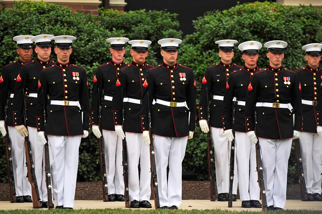 Marines from Alpha Company stand ready during the farewell ceremony for Marine Corps Gen. James E. Cartwright, vice chairman of the Joint Chiefs of Staff, at the Marine Barracks in Washington, D.C., Aug. 3, 2011.