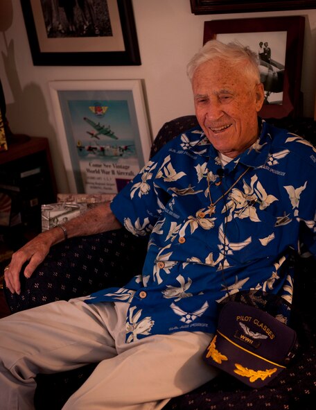 Retired U.S. Air Force Capt. Lou Brough laughs at a joke he told during an interview at Sebring, Fla., July 20, 2011. Brough spoke of having a flying permit before a driver’s license prior to becoming a glider pilot in World War II. (U.S. Air Force photo by Airman 1st Class Joshua Green)