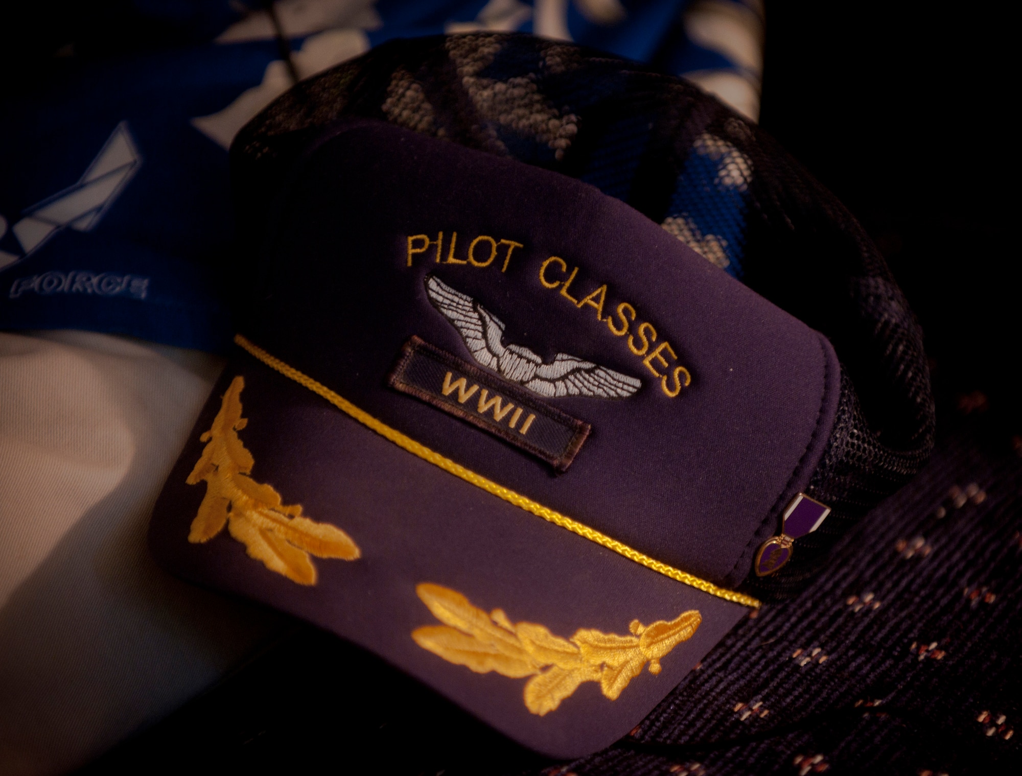 A World War II pilot classes hat with a Purple Heart ribbon attached sits on a couch during an interview of retired U.S. Air Force Capt. Lou Brough in Sebring, Fla., July 20, 2011. Brough was assigned to the 442nd Troup Carrier Group  during World War II as a glider pilot for Operation Varsity, the most fatal day in airborne history. (U.S. Air Force photo by Airman 1st Class Joshua Green/Released)
