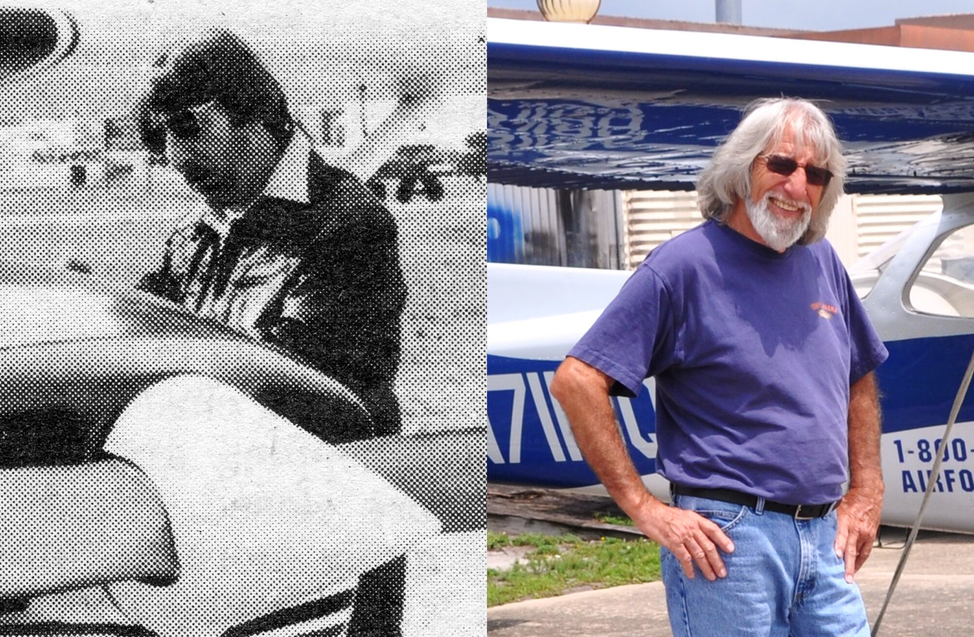 Mr. Bill Foley, Tyndall Aero Club manager for 33 years, is shown in the photo on the left nearly 30 years ago when the club was in its infancy. The recent photo on the right shows him in 2011, as he completes his last week as manager of the club. (U.S. Air Force graphic by Isaac Gibson)