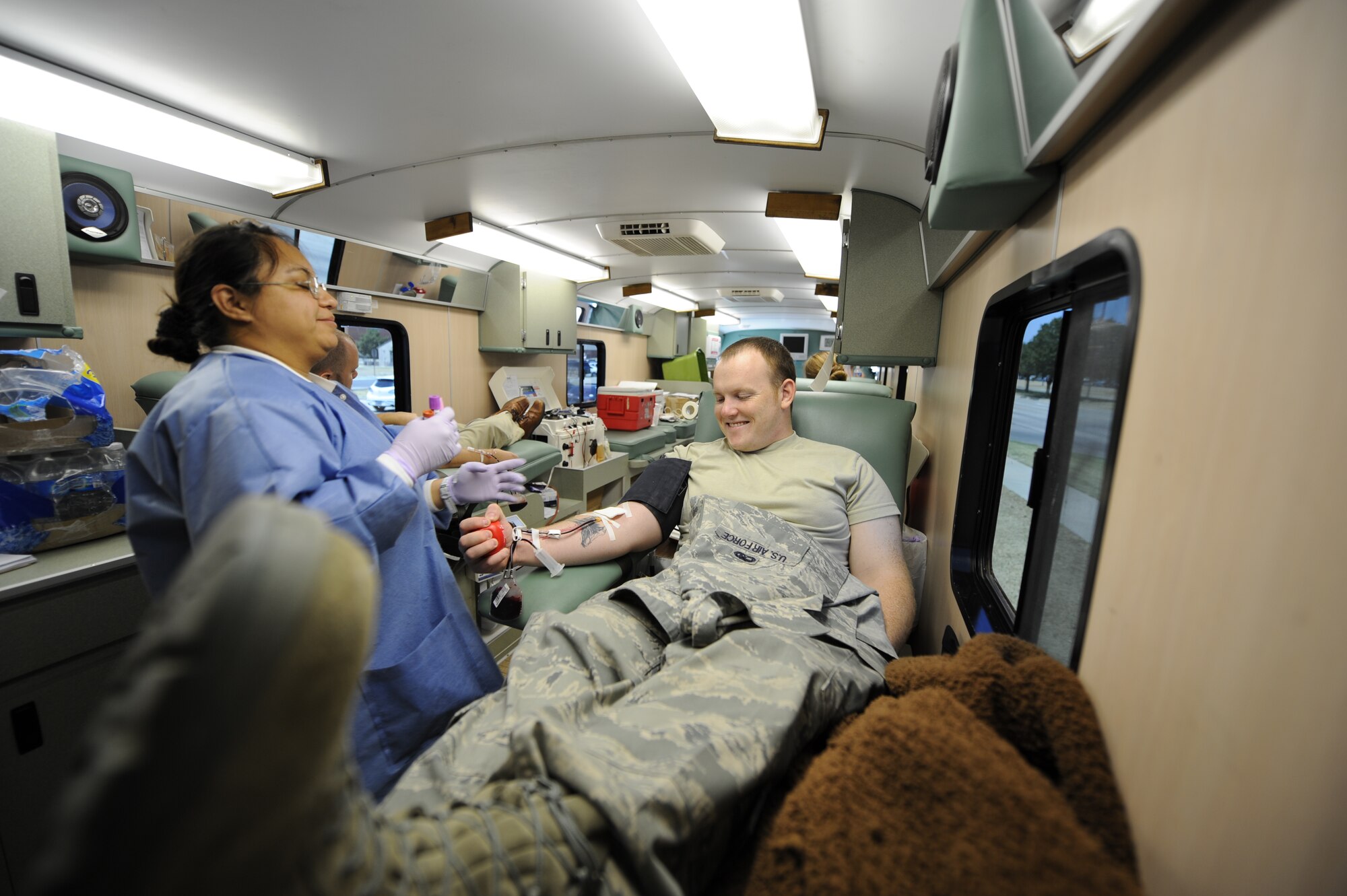 GOODFELLOW AIR FORCE BASE, Texas -- Staff Sgt. Kory Mathers, 316th Training Squadron, donates blood to the United Blood Services July 26. Mathers donated double red blood cells.  Goodfellow has donated more than 1,200 pints of blood so far this year to United Blood Services.  For information on upcoming blood drives, call (325) 223-7500.  (U.S. Air Force photo/Senior Airman Heather L. Rodgers)