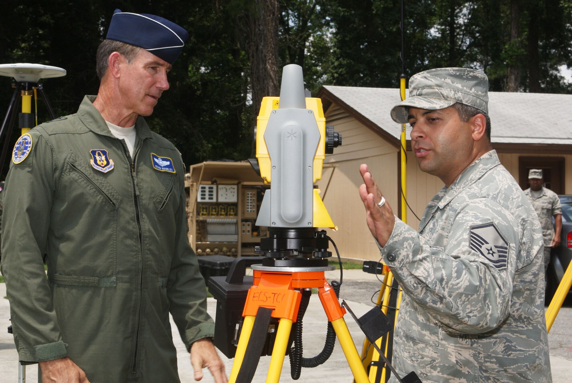 Master Sgt. Antonio Acevedo, instructor, briefs on the various tools used to train students attending the civil engineer training program. (U.S. Air Force Photo/Don Peek)
