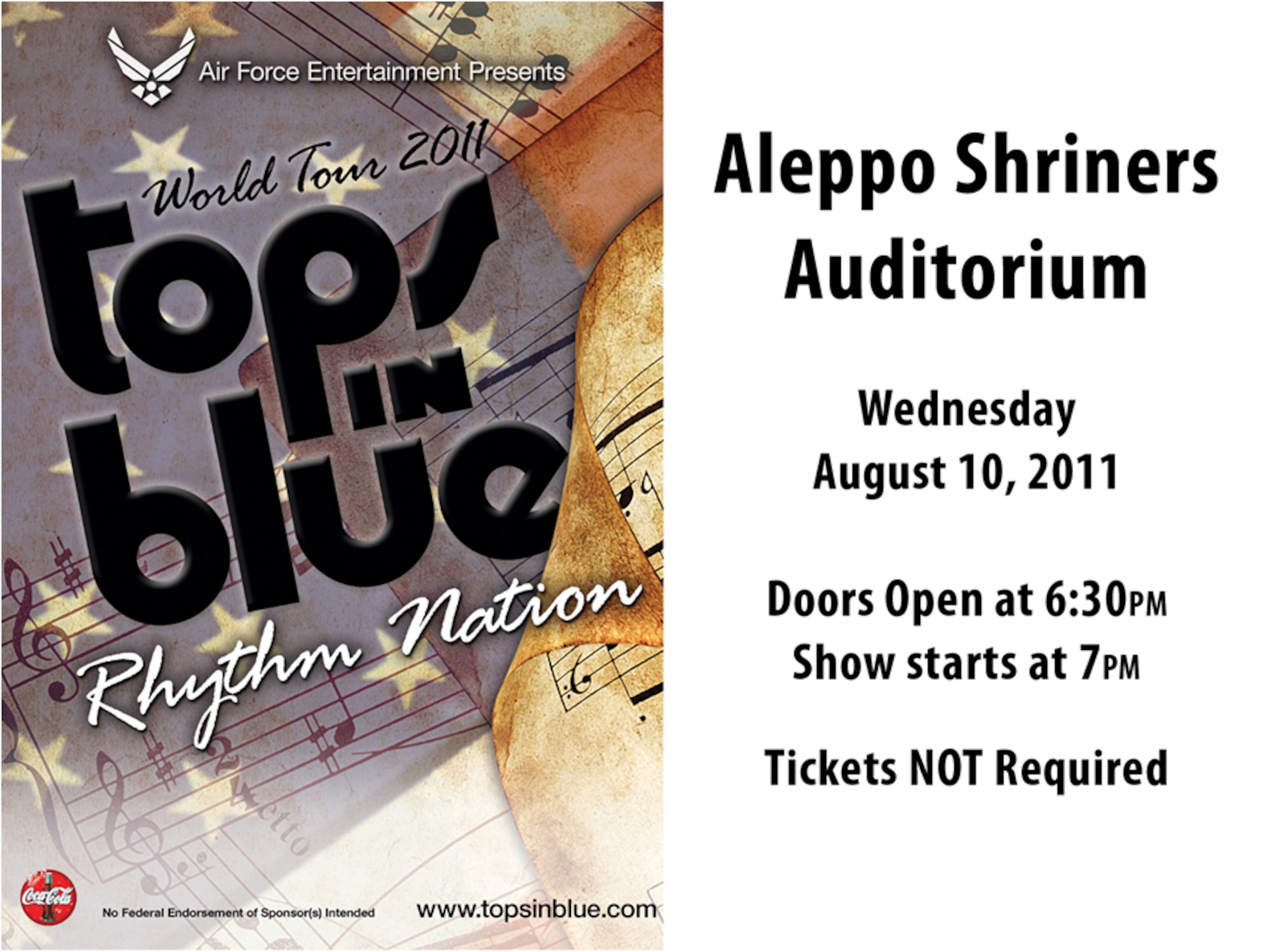 Tops in Blue, the premier entertainment showcase of the U.S. Air Force, comes to Wilmington on Aug. 10 at 7 p.m. at the Shriner’s Auditorium for one performance only. Admission is free and tickets are not required. Seating is on a first come, first serve basis.  
