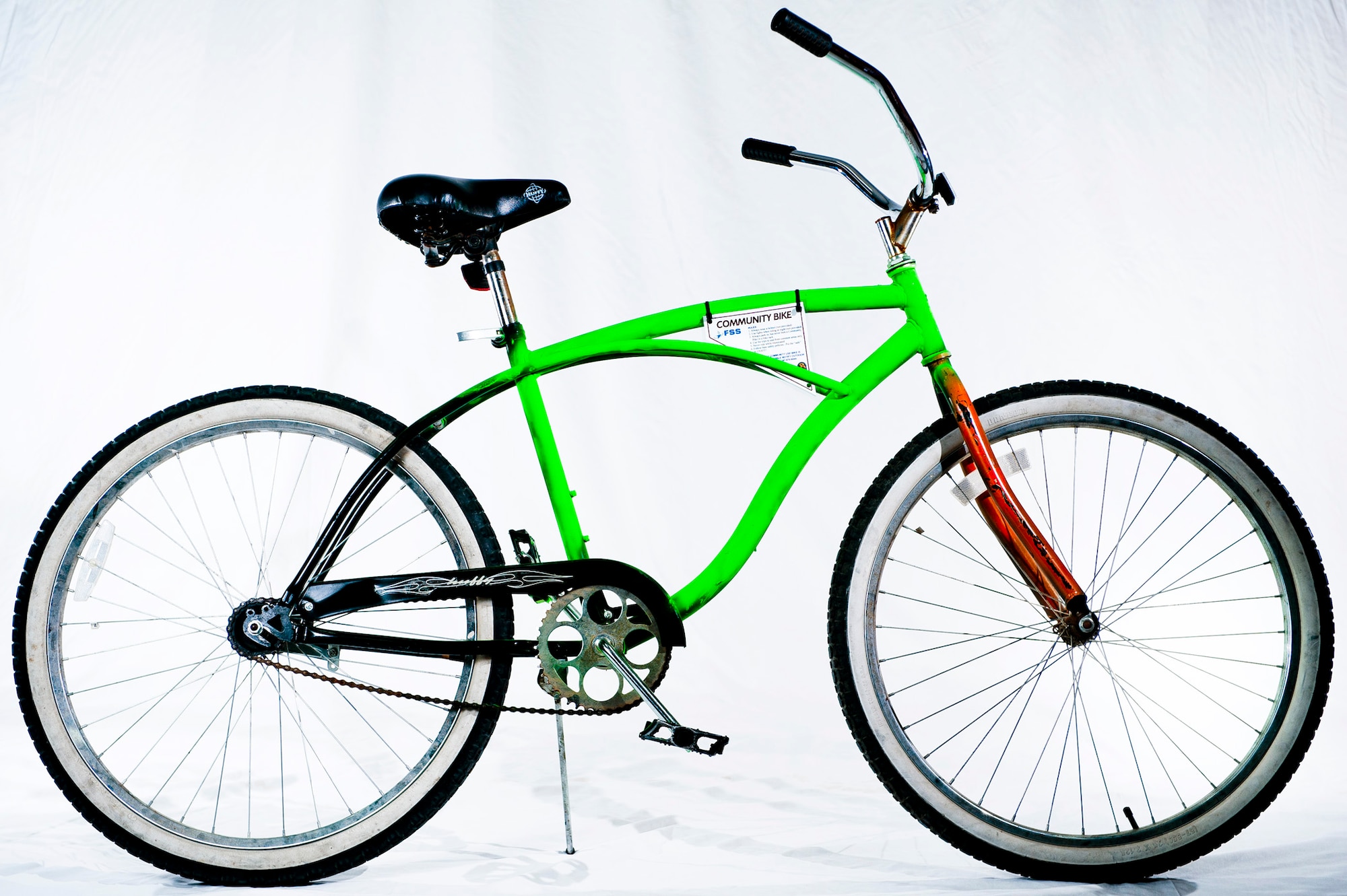 The Community Bike Program provides bicycles for trips to and from designated common areas at Incirlik Air Base, Turkey. Refurbished bikes that were left behind or donated to Outdoor Recreation were painted fluorescent green and placed around the base by the 39th Force Support Squadron. (U.S. Air Force photo by Tech. Sgt. Michael B. Keller/Released)