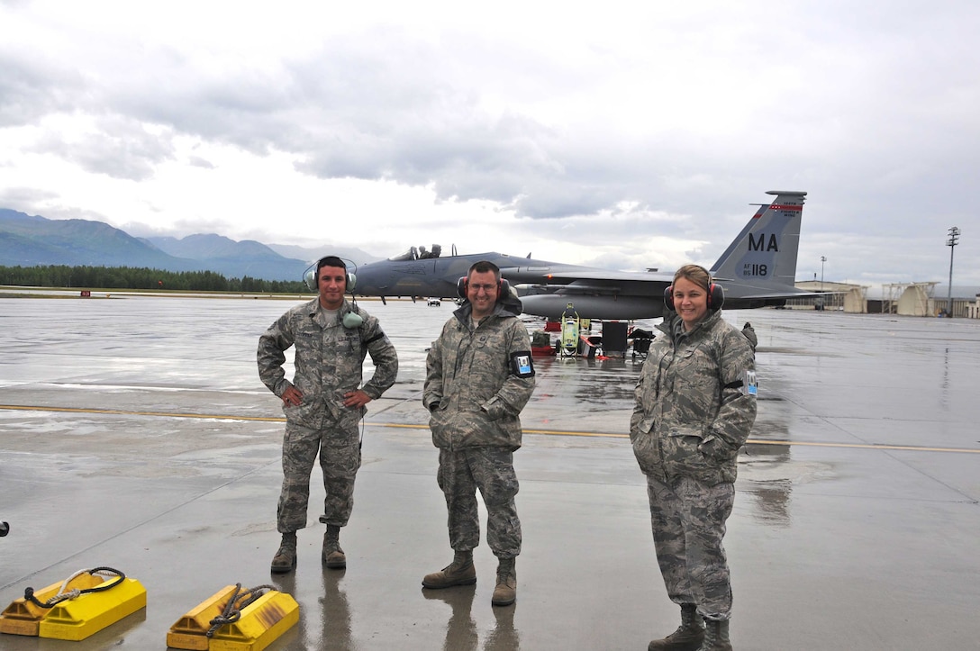TSgt. Ryan Green, MSgt. Robert Olelksak, and SrA Colleen Fegan-nunez deployed with 104th Fighter Wing, Massachusetts Air National Guard to Joint Base Elmendorf Richardson, Alaska to support a joint training mission. (U.S.A.F. photograph by Technical Sergeant, Anthony M. Mutti)