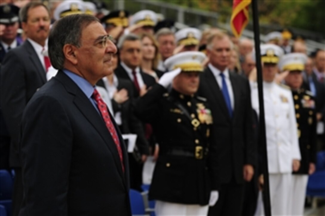 Senior service officials render honors to Secretary of Defense Leon E. Panetta during the farewell ceremony for Vice Chairman Joint Chiefs of Staff Gen. James E. Cartwright at Marine Corps Barracks, Washington, D.C., on Aug. 3, 2011.  