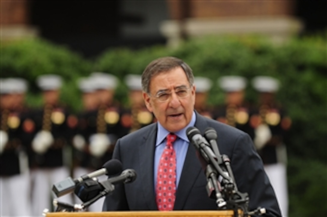 Secretary of Defense Leon E. Panetta delivers remarks at the farewell ceremony for Vice Chairman Joint Chiefs of Staff Gen. James E. Cartwright at Marine Corps Barracks, Washington, D.C., on Aug. 3, 2011.  