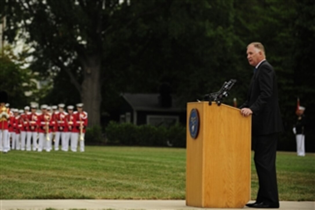 Deputy Secretary of Defense William J. Lynn III makes remarks during the farewell ceremony for Vice Chairman Joint Chiefs of Staff Gen. James E. Cartwright at Marine Corps Barracks, Washington, D.C., on Aug. 3, 2011.  