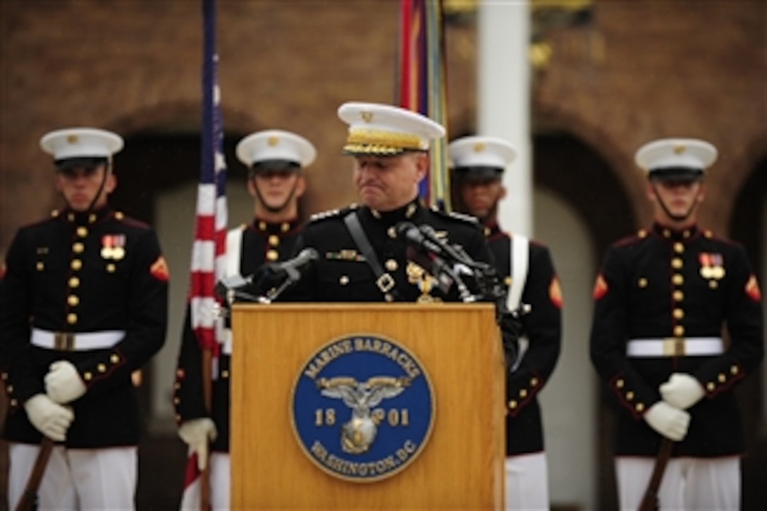 Vice Chairman Joint Chiefs of Staff Gen. James E. Cartwright addresses the audience at a farewell ceremony held in his honor at Marine Corps Barracks, Washington, D.C., on Aug. 3, 2011.  