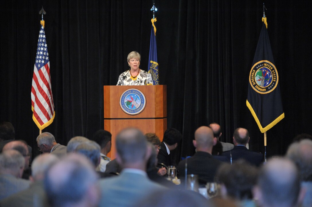 OMAHA, Neb. - 2011 U.S. Strategic Command Deterrence Symposium keynote speaker Rose Gottemoeller, Assistant Secretary of State, Bureau of Arms Control, verification and Compliance, discusses her perspective on deterrence August 4 at the Qwest Center.