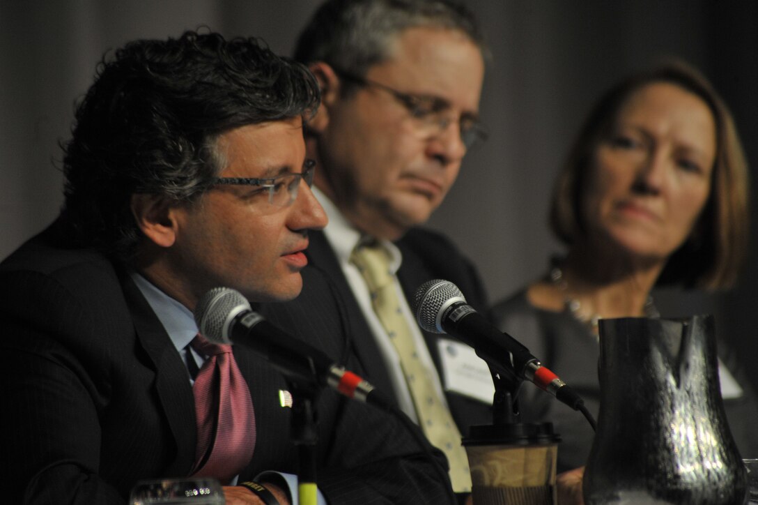 OMAHA, Neb. - Panelists discuss their perspectives on the what the world may have learned about deterrence from recent events taking place in the Middle East and Africa during the 2011 U.S. Strategic Command Deterrence Symposium August 4 at the Qwest Center.  Pictured: M. Zuhdi Jasser, President, American Islamic Forum for Democracy; Ariel (Eli) Levite, Senior Associate, Nuclear Policy Program, Carnegie Endowment; and Elaine Bunn, Distinguished Research Fellow and Director, Future Strategic Concepts Program Institute for National Strategic Studies.