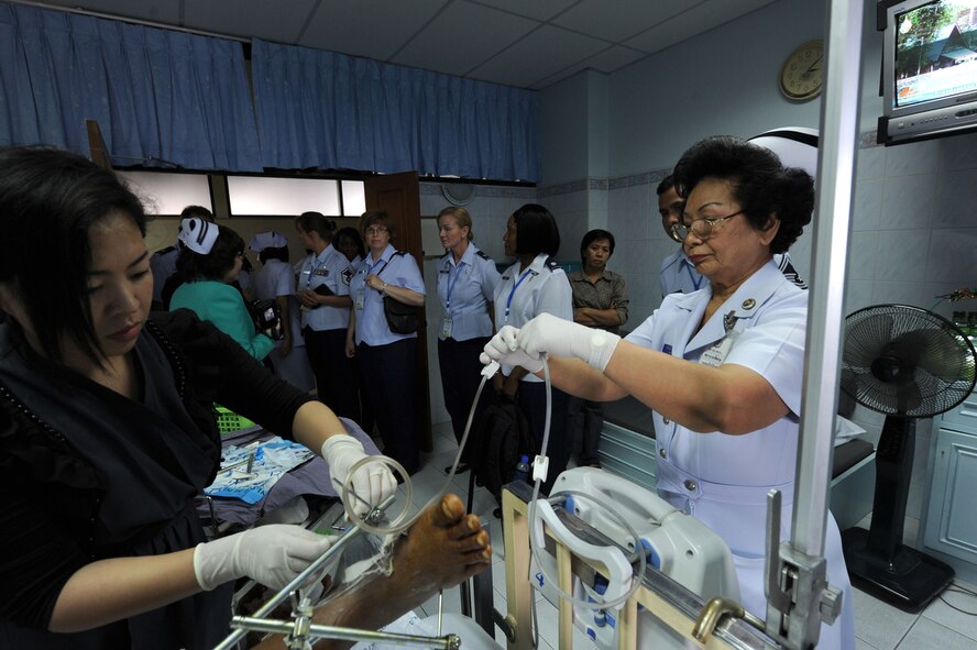 BANGKOK, Thailand - Members of the military nursing community in the Pacific region observe the a patient receiving care while at the Phramongkutklao Hospital in Bangkok Thailand on Aug. 3 for a tour of the Hospital facilities during the 2011 Asia Pacific Military Nursing Symposium, which is sponsored by Pacific Command and executed under the direction of 13th Air Force.
This is the fifth year of the symposium, which started at Hickam Air force Base in 2007, and the first time that Thailand has hosted the event.
More than 12 countries from the Asia-Pacific region have come together to build on relationships by exchanging information and techniques with one another. (U.S.  Air Force photo/Master Sgt. Cohen A. Young)
