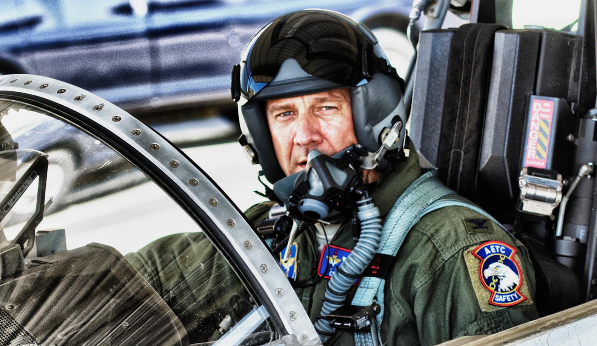 Photo of Col. Creig Rice, Director of Safety, boarding a T-38, Randolph AFB.
(PHOTO BY TSGT SAMUEL BENDET)