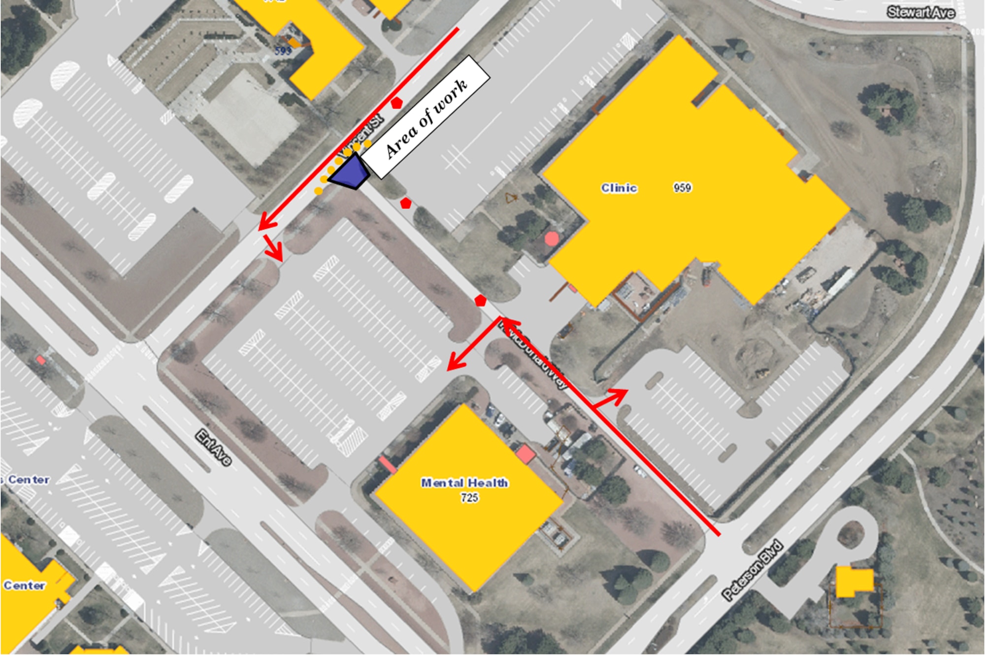 PETERSON AIR FORCE BASE, Colo.–The 21st Civil Engineer Squadron will begin phase two road repairs near P. McDonald Way from Aug. 10-14, 2011. Detour signs will be posted for alternate routes to clinic parking. (Courtesy graphic)