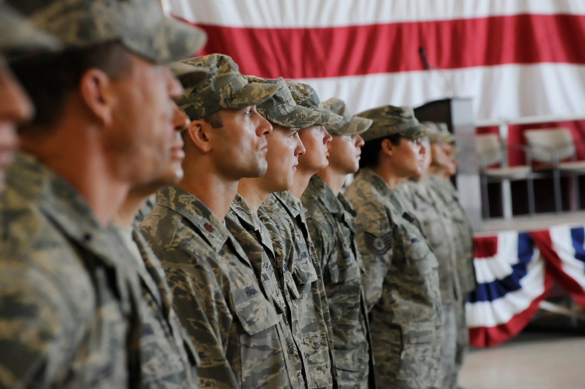 Airmen with the 116 Air Control Squadron, Combat Operations Group, Oregon Air National Guard, take part in a demobilization ceremony, July 24 at the Portland Air National Guard Base in Portland, Ore. The Airmen recently returned from a four month deployment to the Middle East where they supported area operations in air control missions. (U.S. Air Force photo by Tech. Sgt. John Hughel, 142 Fighter Wing public affairs)