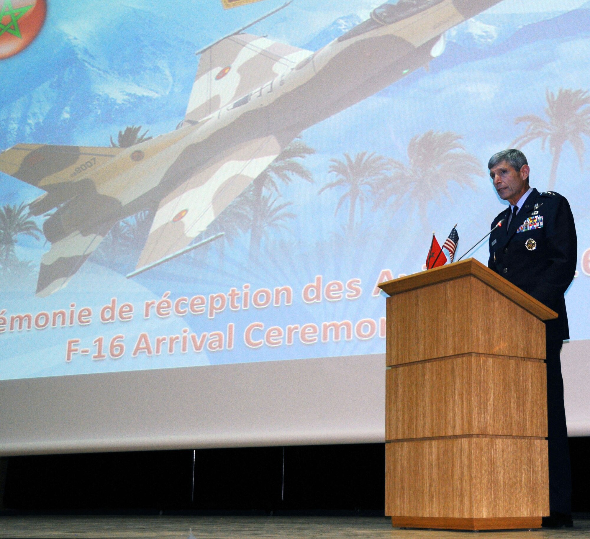 Air Force Chief of Staff Gen. Norton Schwartz speaks during an aircraft delivery ceremony Aug. 4, 2011, at Ben Guerrir Air Base, Morocco.  The Royal Moroccan Air Force unveiled the first four of 24 F-16 Fighting Falcons and is expected to receive the rest of the deliveries by 2013. (U.S. Air Force photo/Staff Sgt. Stefanie Torres)


