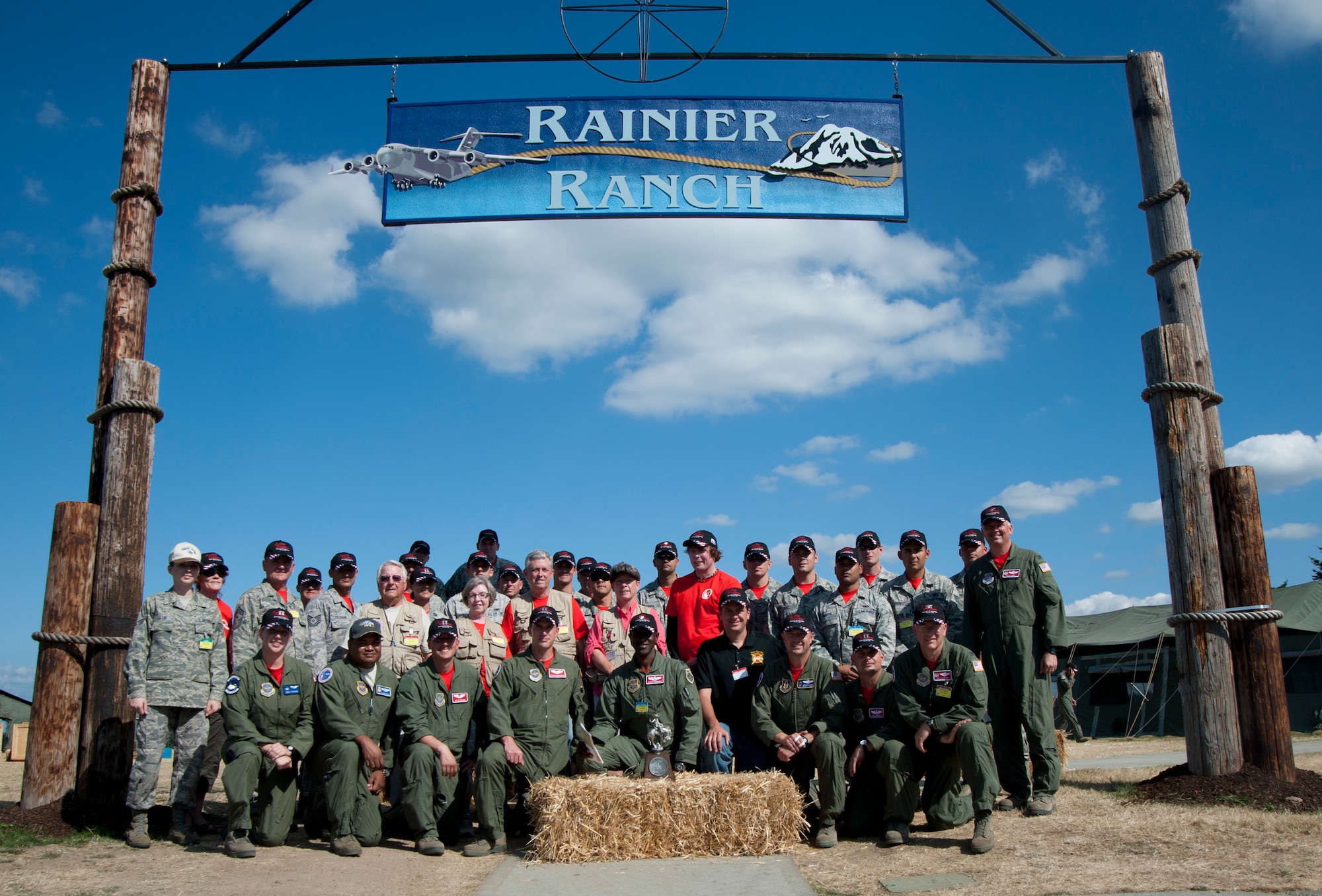 The 2011 Team McConnell RODEO team poses for a picture after closing ceremonies, July 30, 2011, Joint Base Lewis-McChord, Wash. The team won the 2011 Best KC-135 Preflight Team  award. RODEO, an Air Mobility Command competition, was first held in 1962 and has become an annual competition to test mobility Airmen's skills. (U.S. Air Force photo/Airman 1st Class Armando A. Schwier-Morales)